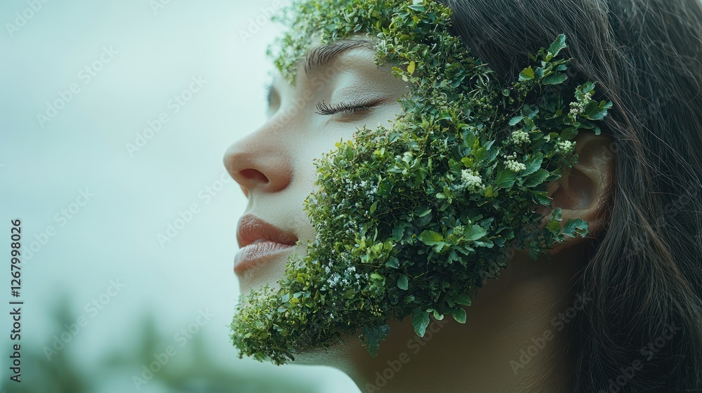 Woman adorned with vibrant green foliage Woman adorned with vibrant green foliage