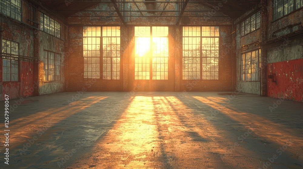 A sunlit industrial space with large windows and a reflective floor. A sunlit industrial space with large windows and a reflective floor.