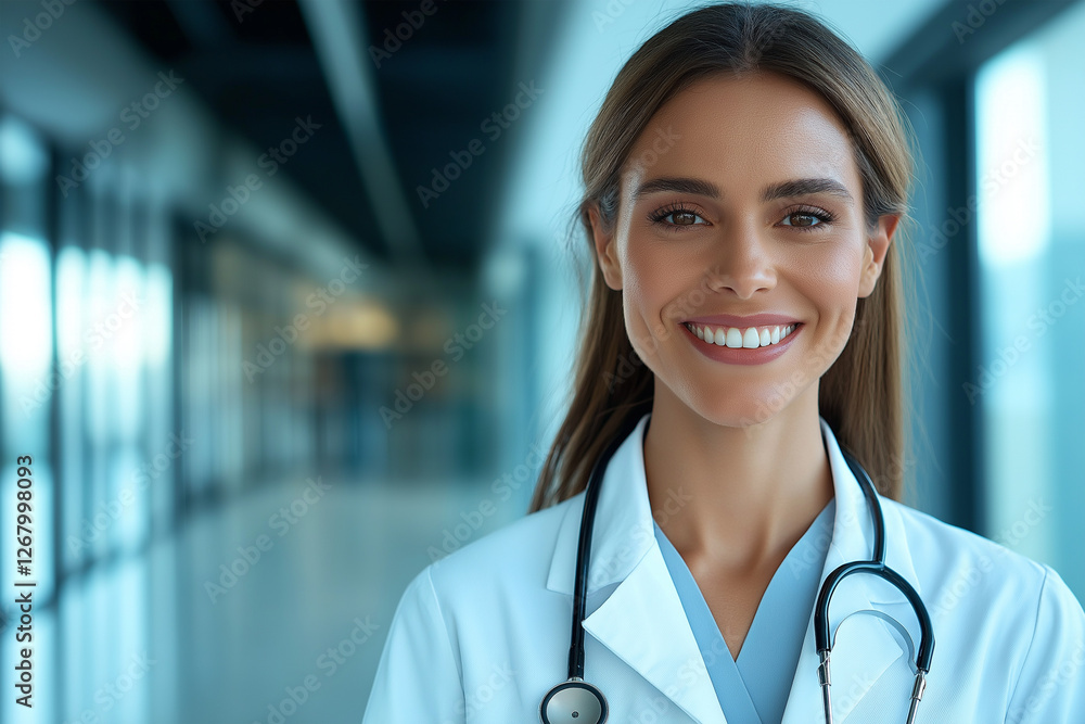 Friendly healthcare professional smiles confidently in a modern hospital corridor during the day Friendly healthcare professional smiles confidently in a modern hospital corridor during the day