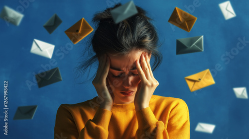 Woman in yellow sweater stressed about overwhelming amount of emails and messages surrounding her photo