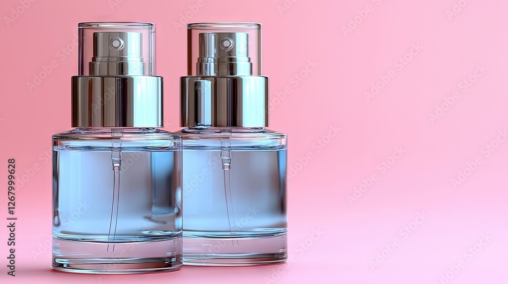 Two elegant glass perfume spray bottles on pink background Two elegant glass perfume spray bottles on pink background