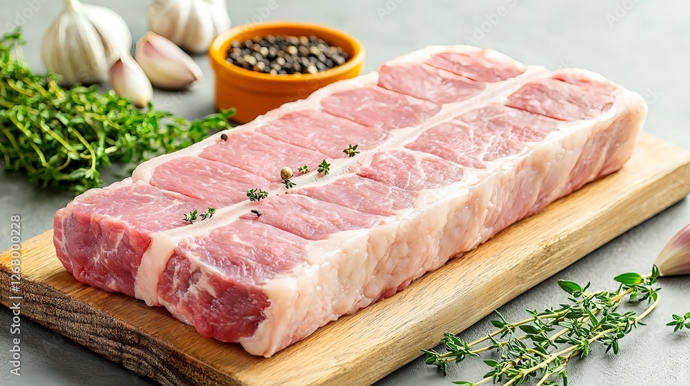 Fresh Raw Pork Belly with Herbs and Garlic on Wooden Cutting Board Fresh Raw Pork Belly with Herbs and Garlic on Wooden Cutting Board