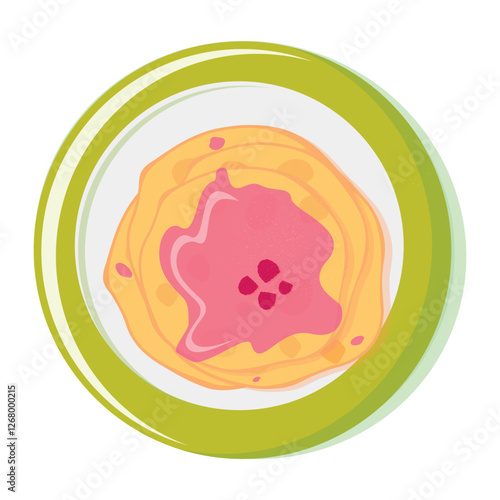 Pancake topped with strawberry syrup on a plate. Close-up from above