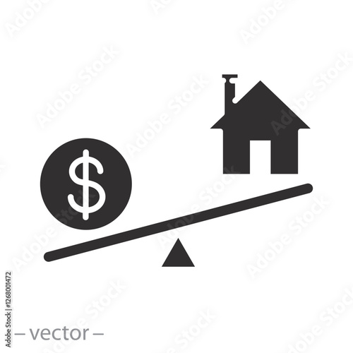 money and home on seesaw, balance with dollar and house icon vector, flat symbol