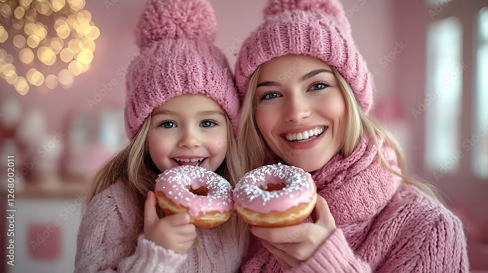 Smiling mother, daughter, winter hats, donuts, festive background Smiling mother, daughter, winter hats, donuts, festive background