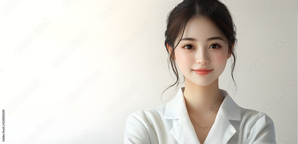 A young Japanese woman, who has a smiling face, is accompanied by a smart-looking doctor and her arms are folded. A young Japanese woman, who has a smiling face, is accompanied by a smart-looking doctor and her arms are folded.