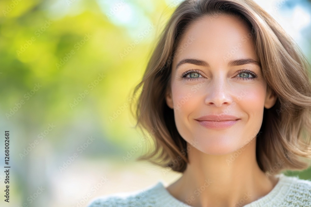Closeup portrait of smiling mature woman enjoying wonderful sunny day in nature Closeup portrait of smiling mature woman enjoying wonderful sunny day in nature