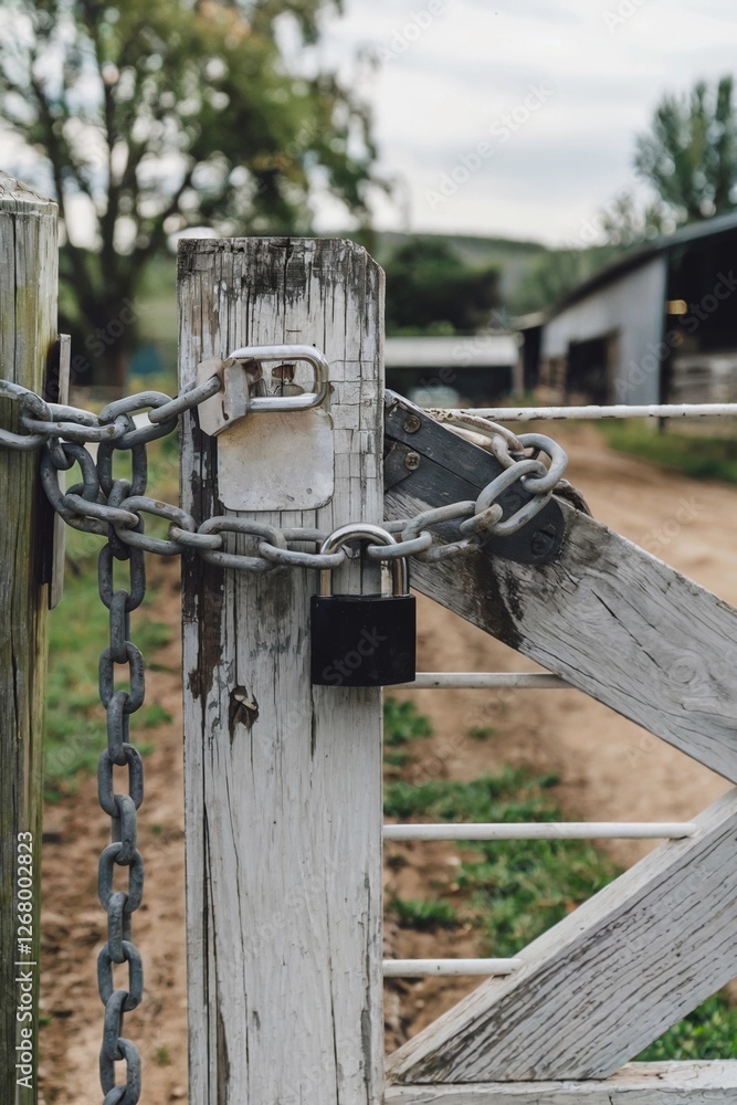 Chain locked wooden gate with padlock securing access to farm property during overcast day Chain locked wooden gate with padlock securing access to farm property during overcast day