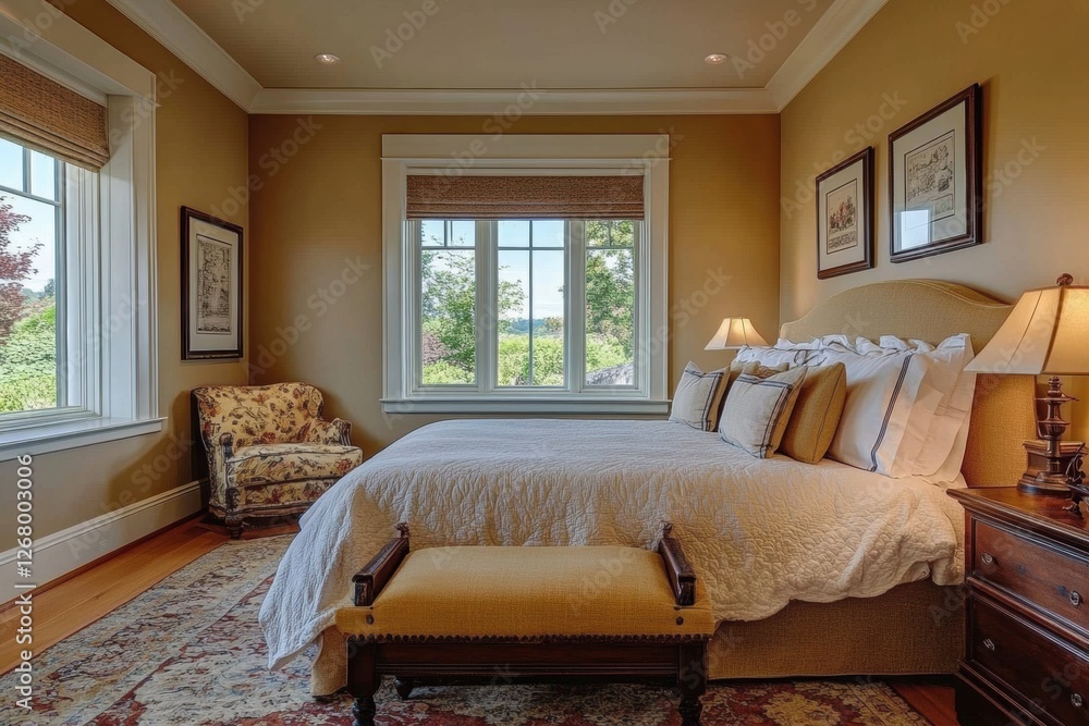 Fototapeta premium Cozy bedroom with a large window and elegant decor in a sunny location during the day. Generative AI
