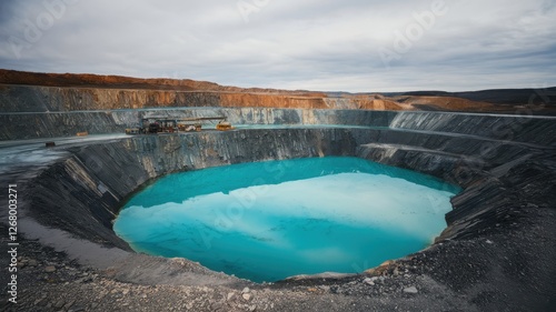 Open pit mine containing vibrant blue water and heavy machinery