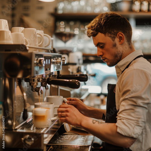 Specialist coffee shop. A man working a coffee machine making coffee. photo