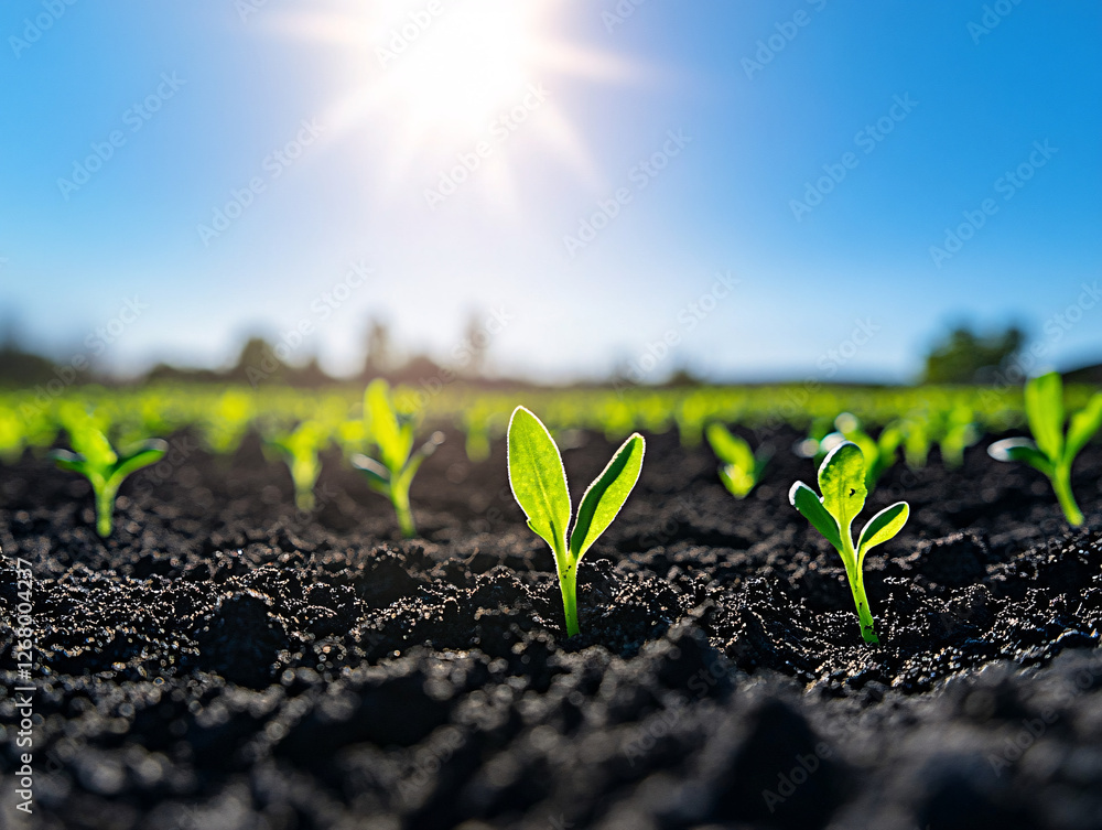 Fototapeta premium close-up of green sprouts emerging from dark soil under bright sunlight with a clear sky symbolizing nature's resilience and agricultural growth