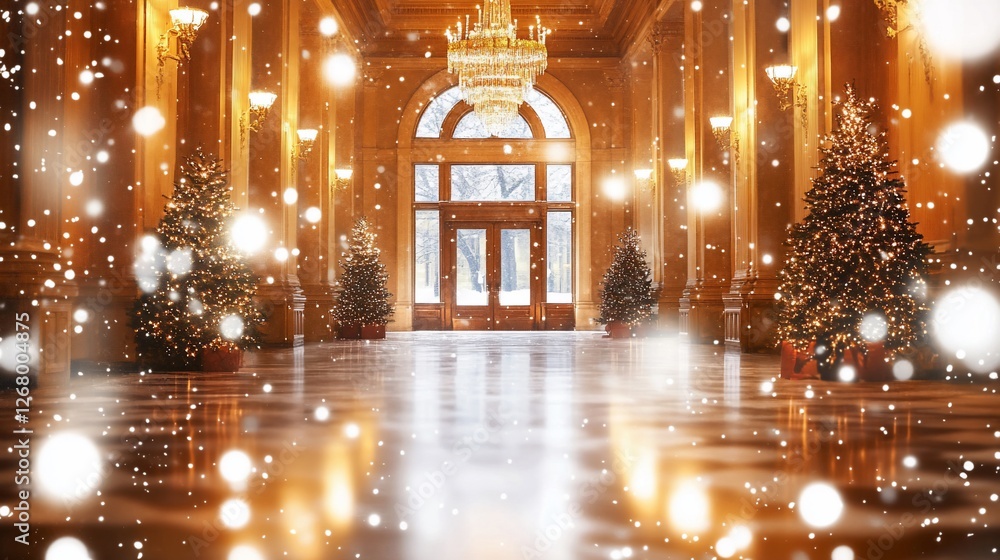 Obraz premium Grand entrance hall, Christmas trees, snowfall, festive lights.