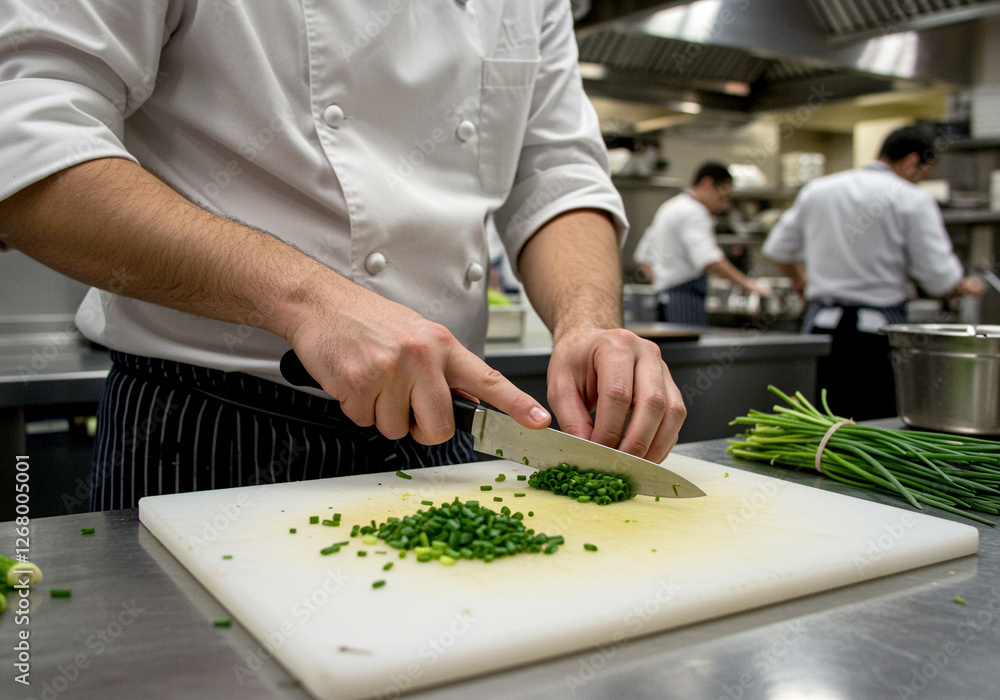 Chef chopping green onions in kitchen. Professional chef is cooking with knife and fresh chives on cutting board. Cooking process in restaurant kitchen Chef chopping green onions in kitchen. Professional chef is cooking with knife and fresh chives on cutting board. Cooking process in restaurant kitchen
