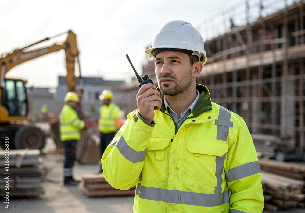 Construction worker with walkie talkie on construction site. Construction worker wearing hard hat and safety jacket. Construction site with construction workers Construction worker with walkie talkie on construction site. Construction worker wearing hard hat and safety jacket. Construction site with construction workers