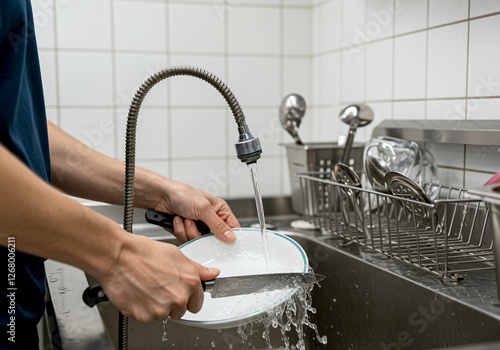 Wallpaper Mural Plate washing dishes in kitchen sink with knife under running water. Person doing kitchen chores washing dishes Torontodigital.ca