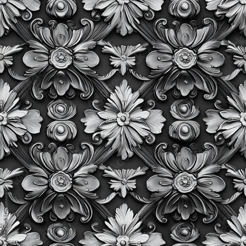 Seamless Pattern - Ornate silver floral pattern on dark background.
