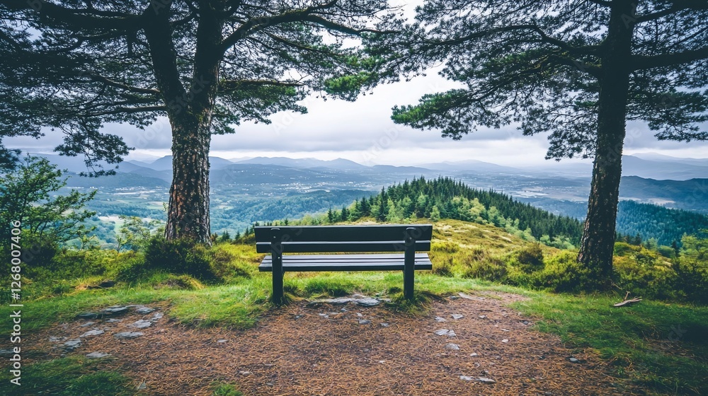 Mountaintop bench scenic view; tranquil rest Mountaintop bench scenic view; tranquil rest