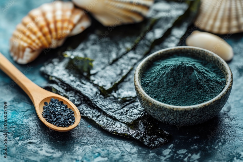 Unique arrangement of sea ingredients featuring spirulina powder, seaweed, and shells on textured background Unique arrangement of sea ingredients featuring spirulina powder, seaweed, and shells on textured background