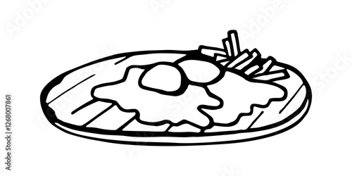 Vector black and white image of serving fried scrambled eggs with french fries on a wooden kitchen board