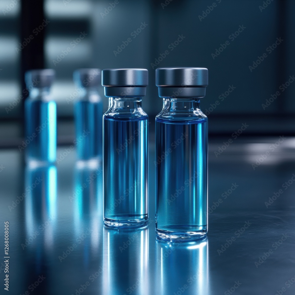 Clear vials containing blue liquid displayed on a reflective surface in a modern laboratory setting. Generative AI Clear vials containing blue liquid displayed on a reflective surface in a modern laboratory setting. Generative AI