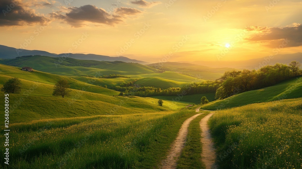 Obraz premium Rolling green hills stretching under a golden sunset with scattered trees and a dirt path leading into the horizon