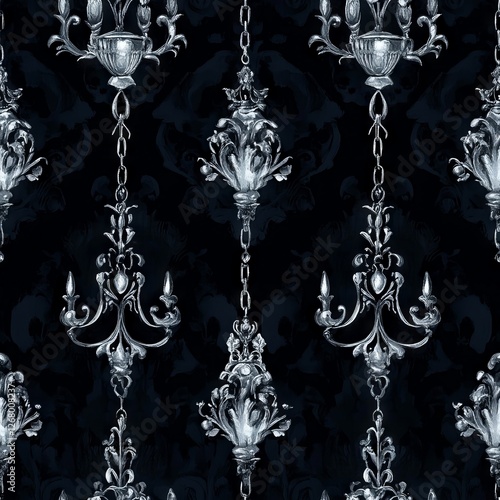 Seamless Pattern - Elegant silver chandeliers on dark background