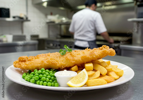 Fish and chips on a plate with peas tartar sauce and lemon in a restaurant kitchen. Fish and chips served with traditional sides. Chef is cooking in the background photo