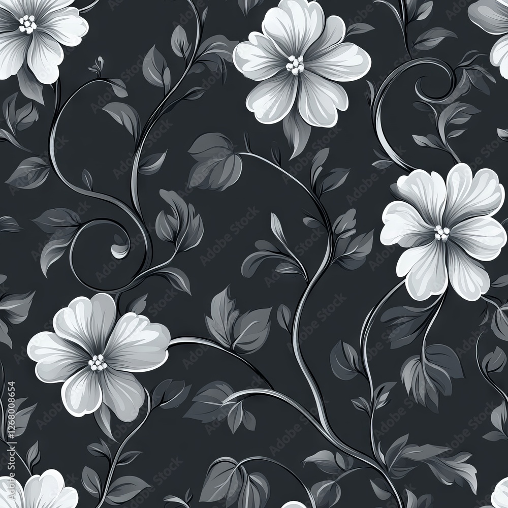 Seamless Pattern - Elegant grayscale floral pattern on dark background. Seamless Pattern - Elegant grayscale floral pattern on dark background.