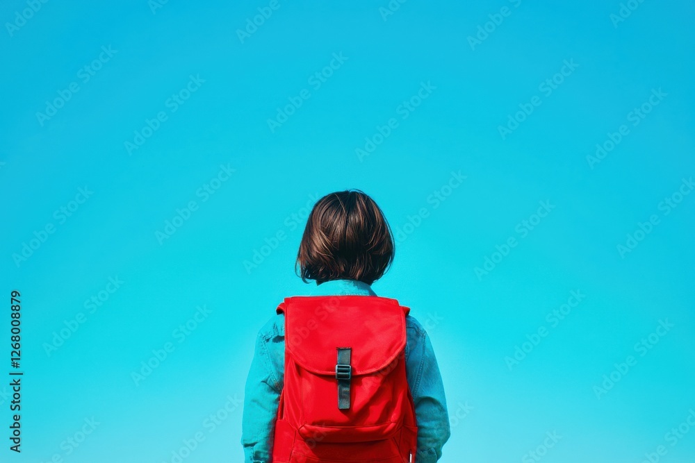 Child with red backpack gazing at clear blue sky in bright outdoor setting Child with red backpack gazing at clear blue sky in bright outdoor setting