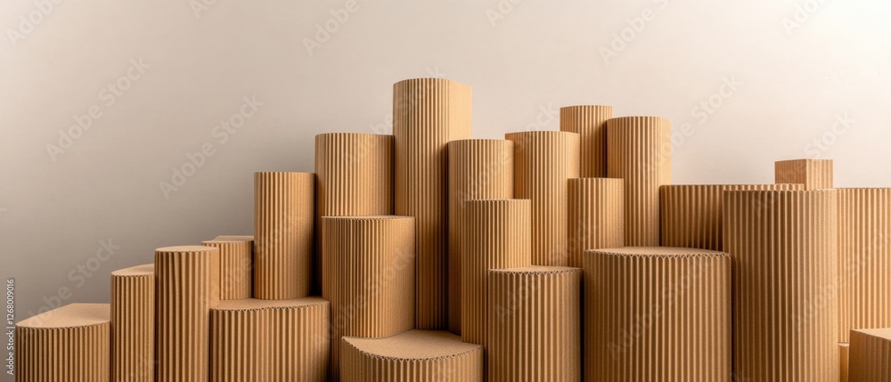 Abstract Corrugated Cardboard Display Set against a Beige Background Abstract Corrugated Cardboard Display Set against a Beige Background