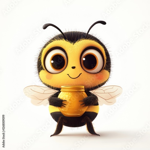 Cute cartoon bee holding honey pot against white background. Possible use Children's book illustration photo