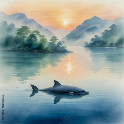 watercolor scene of a Yangtze finless porpoise swimming through the early morning mist of the Yangtze River photo