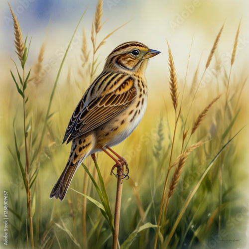 watercolor scene of a Florida grasshopper sparrow perched on a blade of grass in the Everglades