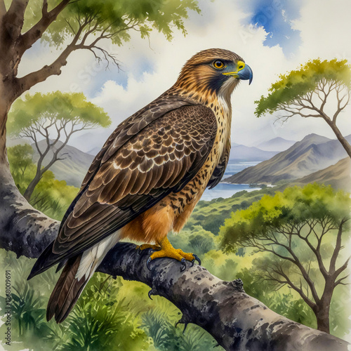 watercolor scene of a Galapagos hawk perched on a tree branch in the highlands of Santa Cruz Island