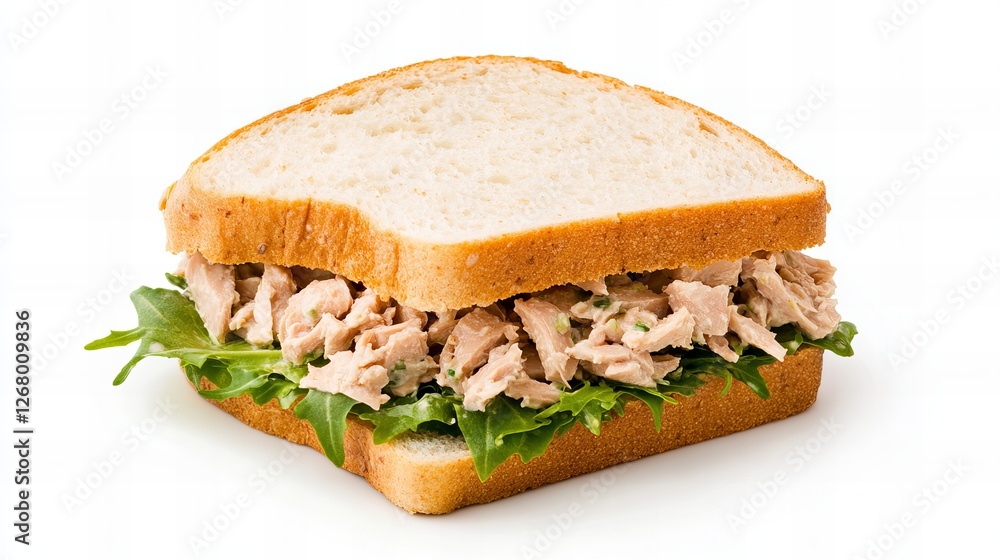 Close-up of a delicious tuna salad sandwich on white bread, garnished with fresh greens. A simple yet satisfying meal. Close-up of a delicious tuna salad sandwich on white bread, garnished with fresh greens. A simple yet satisfying meal.