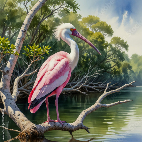 watercolor scene of a roseate spoonbill resting on a twisted mangrove branch, its striking pink feathers contrasting beautifully with the deep green foliage