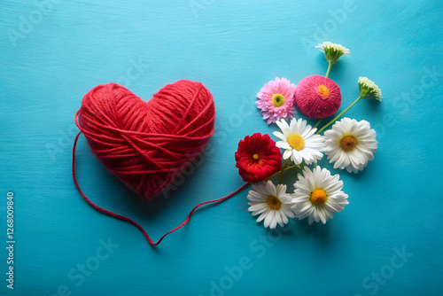 Red yarn heart and flowers on a teal background