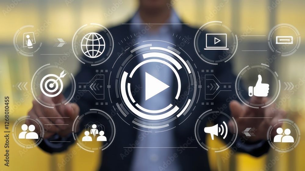 Fototapeta premium Man touches interactive video marketing interface with various connected icons