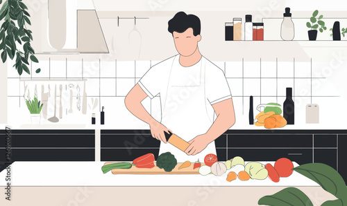 Man Preparing Vegetables in Modern Kitchen for Healthy Home Cooking in Minimalist Vector Art