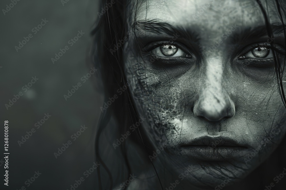 Portrait of a young girl with expressive eyes reflecting emotion, surrounded by a textured, dark background at dusk Portrait of a young girl with expressive eyes reflecting emotion, surrounded by a textured, dark background at dusk