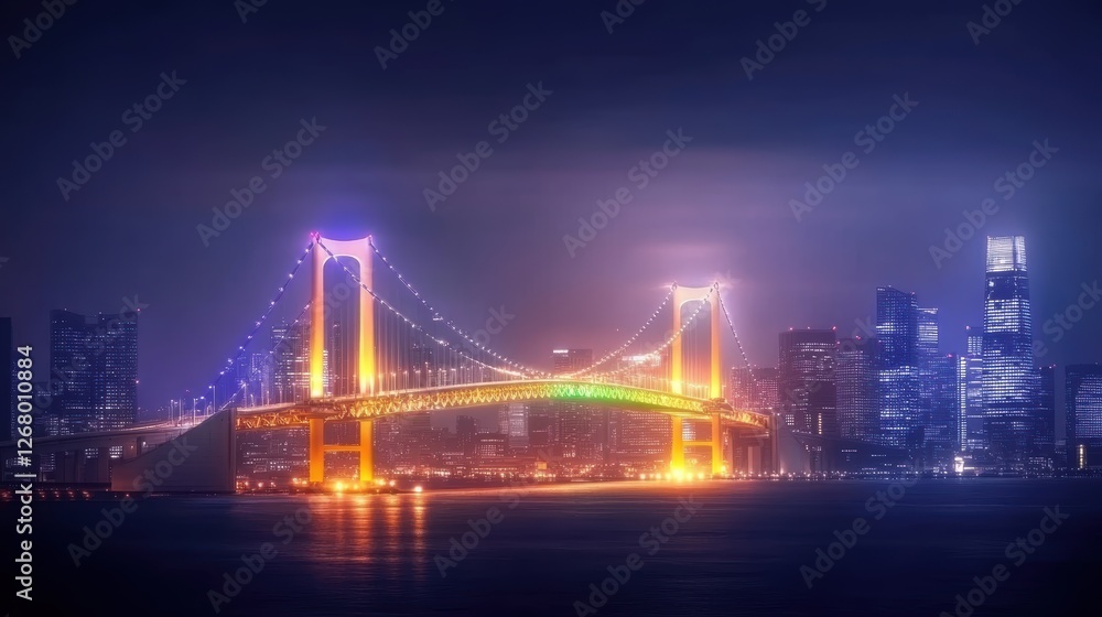 Naklejka premium A vibrant cityscape featuring a brightly lit bridge at night.