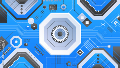 Modern Tech Background. Abstract digital background with geometric shapes and circuits in blue and gray. Ideal for tech and innovation themes, emphasizing modernity and connectivity