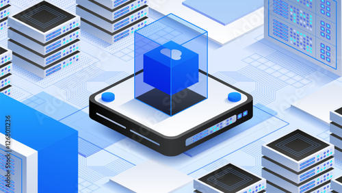 Modern server infrastructure with interconnected systems, cloud solutions, and virtual networks. Vector isometric design showcasing IT innovation, big data processing, and cloud storage.