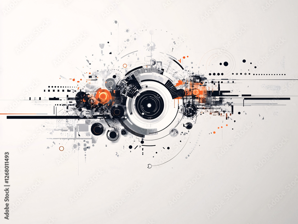 Obraz premium An abstract geometric design with circular elements lines and splashes of orange on a white background 