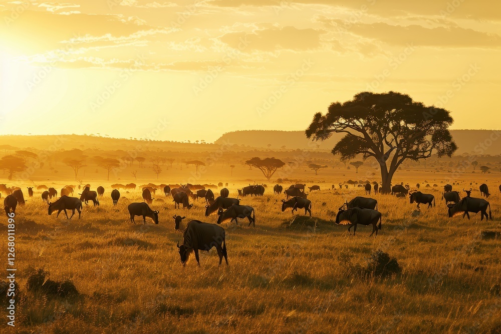 Wild animals graze under a lone tree in the savanna landscape of Africa on a sunny day with a blue sky Wild animals graze under a lone tree in the savanna landscape of Africa on a sunny day with a blue sky