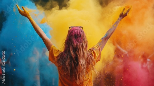 Joyful individuals dance in harmony creating vibrant clouds of colored powder in a spirited celebration of colors and life photo