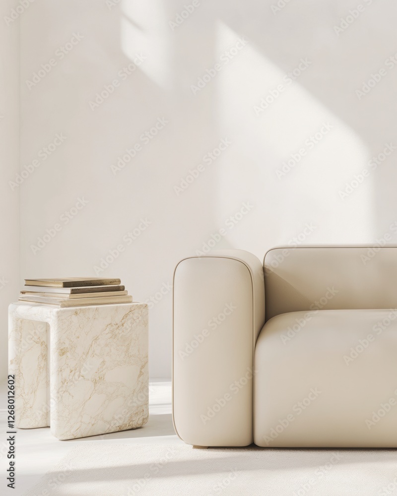 Beige modern sofa with marble accent table in sunlit interior