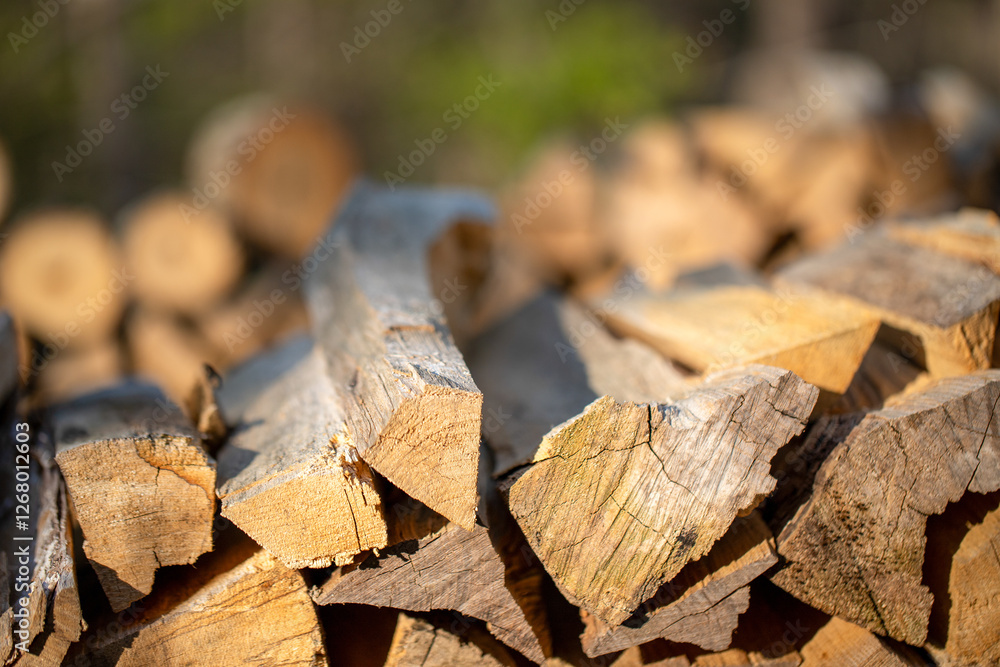 stacked fire wood logs in autumn wood pile ready to burn for heat and cooking fireplace fire ring, camping stacked fire wood logs in autumn wood pile ready to burn for heat and cooking fireplace fire ring, camping