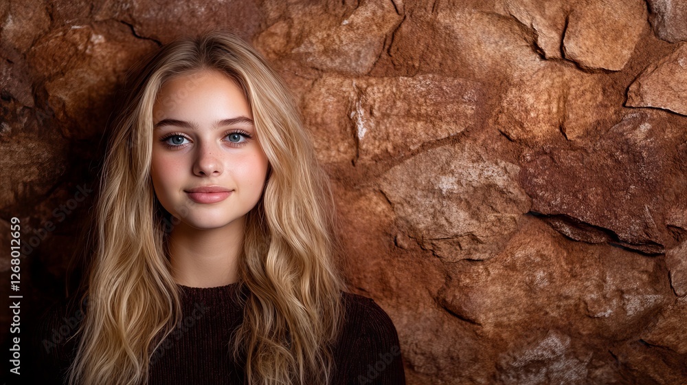 Naklejka premium Young woman with long blonde hair poses against a rustic stone wall. Warm tones and natural beauty.